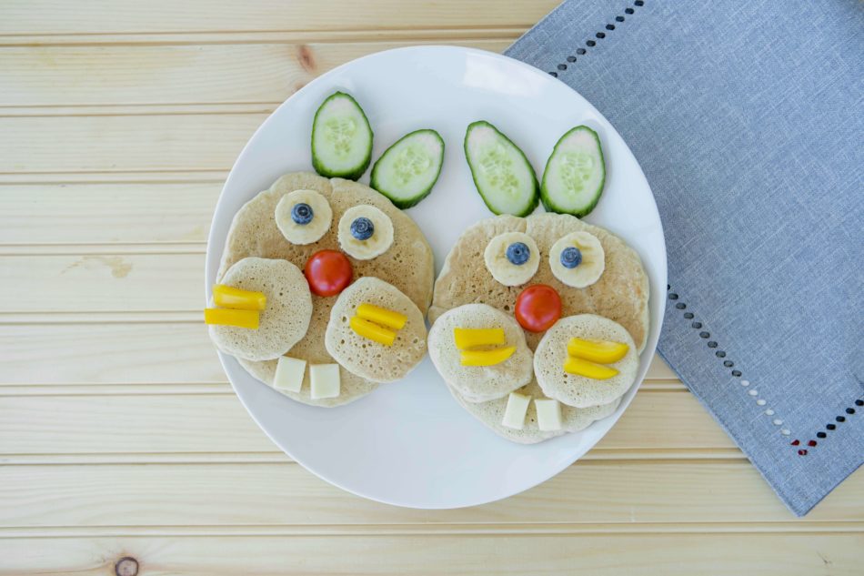 Brunch Easter Bunny Snacktivity for Kids with Pancakes, Cucumbers, bananas, Cherry Tomatoes, Peppers, and cheese