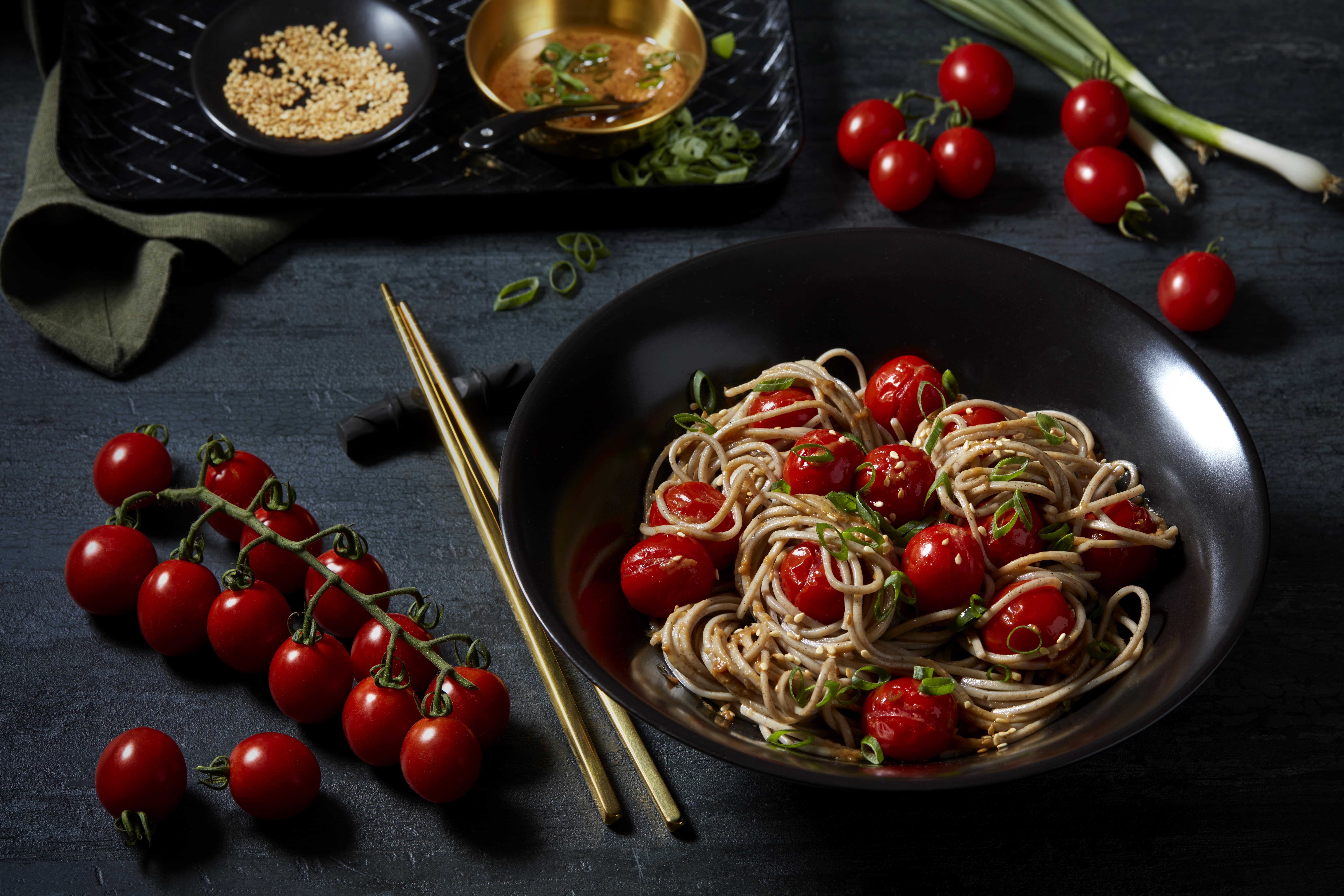 Miso Soba Noodles recipe featuring blistered Hiiros™ Tomatoes