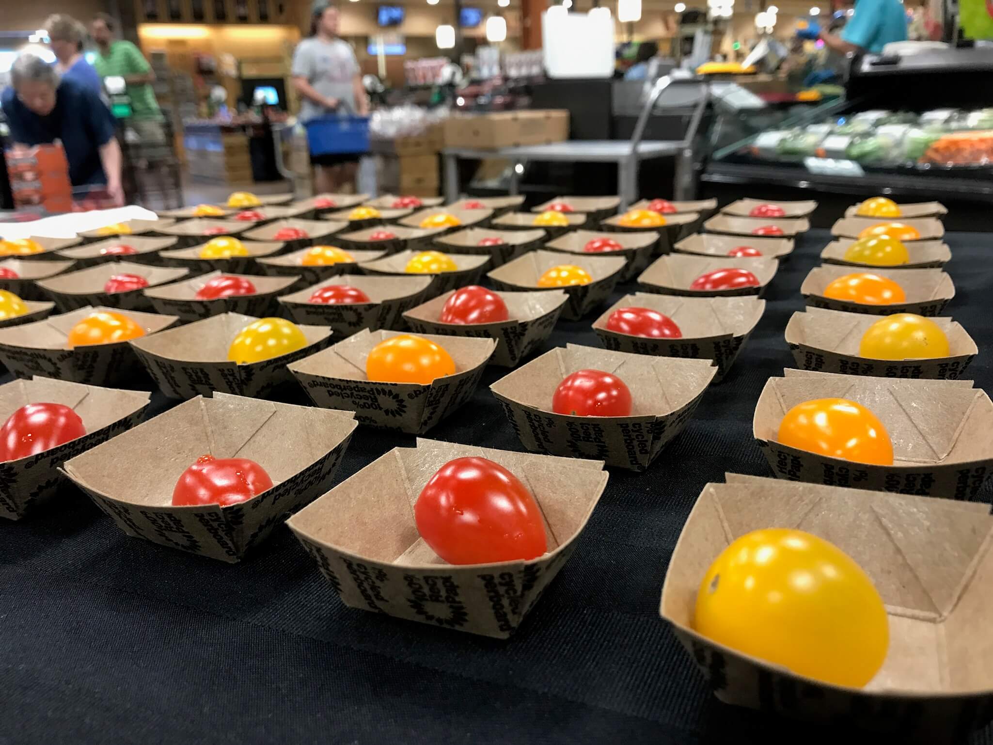 Yellow, Orange & Red Grape Tomatoes lined up for tasting!
