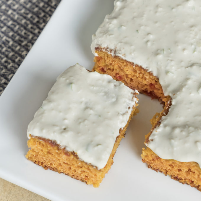 Treat yourself to Granny Smith’s Bell Pepper cake. This easy to make cake requires no butter or oil. We substituted these items by pureeing red Bell Peppers