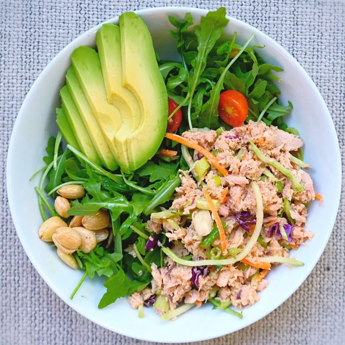 Arugula (olive oil and lemon dressing to top), avocado, TOMZ® Cherry Tomatoes, homemade tuna salad, and Marconi almonds.